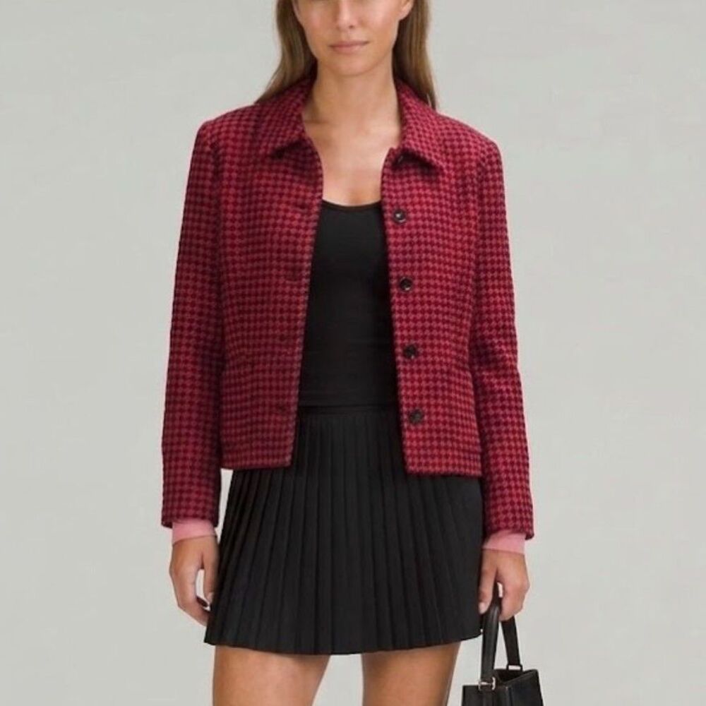 90s Vintage Tweed Jacket Wool Plaid Houndstooth Red 16P Clueless Preppy Academia